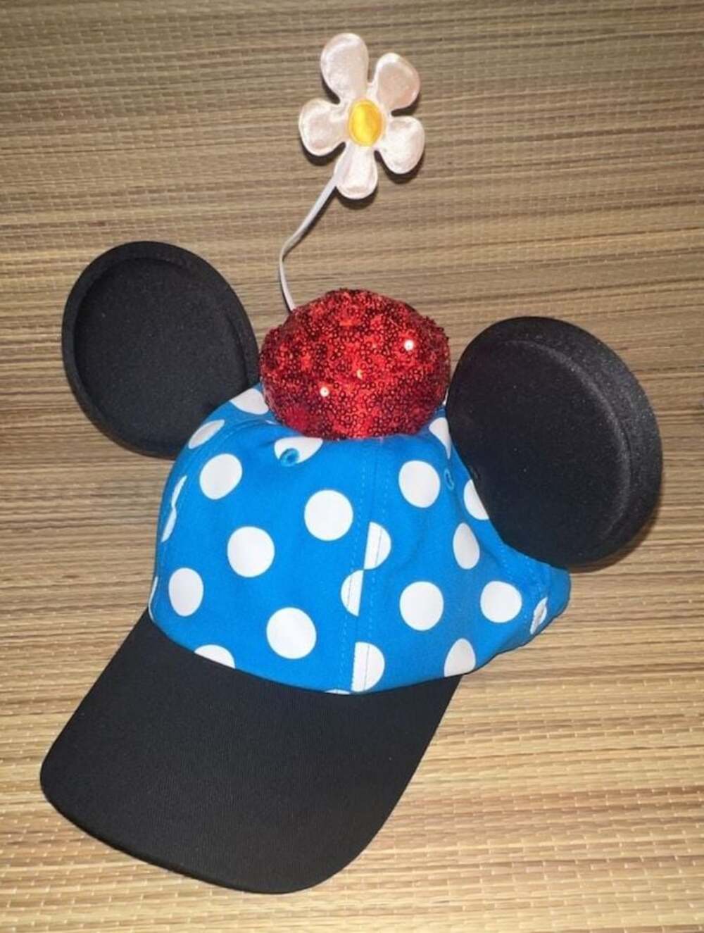 Disney Parks Authentic Minnie Mouse Ears Baseball Cap Blue Polka Dot with Flower